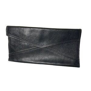 VTG Thin Black Genuine Leather Clutch Handbag Purse Unlined Large Envelope Flap